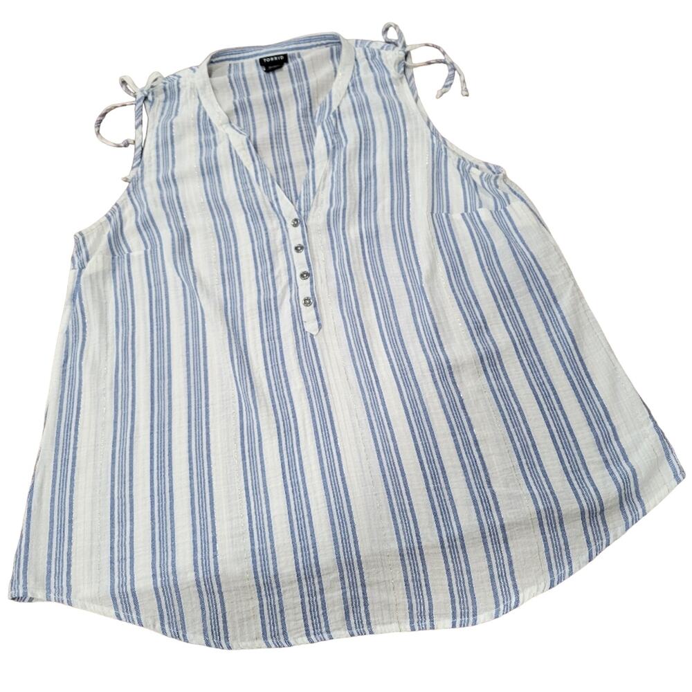 Torrid Blue and White Stripe Herringbone Tank Drawstring Shoulders Size 1X 14/16 - Picture 3 of 10